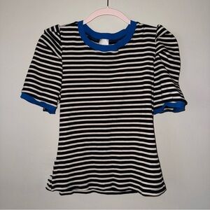 Maeve Black and White Striped Blouse with Blue Accents
